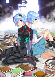  2girls ayanami_rei back-to-back black_bodysuit black_socks blue_hat blue_skirt bodysuit book breasts briska commentary_request evangelion:_3.0_you_can_(not)_redo hat holding indoors looking_at_viewer medium_breasts miniskirt multiple_girls neon_genesis_evangelion open_book photoshop_(medium) plugsuit rebuild_of_evangelion red_eyes school_uniform shirt short_hair short_sleeves sitting skirt socks tokyo-3_middle_school_uniform white_footwear white_shirt 