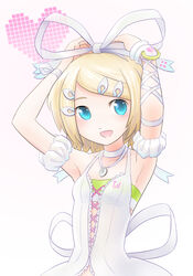  :d adjusting_hair aqua_eyes arm_ribbon arm_scrunchie armpits arms_up bare_shoulders blonde_hair blush breasts choker collarbone commentary_request cute_(module) dress epoxy_putty female hair_ornament hair_ribbon hairclip highres jewelry kagamine_rin looking_at_viewer necklace open_mouth project_diva_(series) project_diva_2nd ribbon scrunchie short_hair simple_background small_breasts smile solo swept_bangs treble_clef upper_body vocaloid white_background white_choker white_dress white_ribbon white_scrunchie wristband 