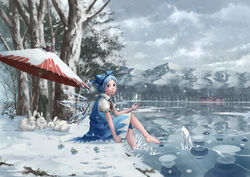  barefoot blue_bow blue_dress blue_eyes blue_hair blush blush_stickers bow cirno closed_mouth cloud commentary day dress embodiment_of_scarlet_devil female forest frog from_side frown frozen frozen_frog full_body gensokyo hairbow ice ice_wings lake lily_pad looking_at_viewer looking_to_the_side magic mansion medium_dress misty_lake mountain nagi_(xx001122) nature neck_ribbon outdoors parasol puffy_short_sleeves puffy_sleeves rabbit ribbon scarlet_devil_mansion scenery short_hair short_sleeves sitting sky snow soaking_feet solo touhou tree umbrella water wings winter 