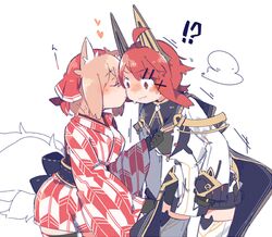  !? 1boy animal_ears blush brown_hair caltina_(pepekekeko) closed_eyes commentary_request female heart kissing kissing_cheek multiple_tails original pekeko_(pepekekeko) phantasy_star phantasy_star_online_2 protagonist_(pso2) red_hair shima_(pepekekeko) short_hair simple_background surprise_kiss surprised tail valiant_vixen_(pso2) white_background yagasuri 