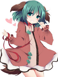  animal_ears bad_id bad_pixiv_id brown_dress collar dress female green_eyes green_hair grin heart kasodani_kyouko leash long_sleeves smile solo tail touhou uguisu_mochi_(ykss35) 