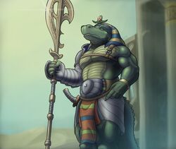  2018 5_fingers anthro armor atef_crown axe biceps biped clothed clothing corrsk crocodile crocodilian crocodylid crown dagger day deity detailed_background digital_media_(artwork) egyptian egyptian_clothing egyptian_headdress egyptian_mythology fingers headdress headgear headwear hi_res holding_object holding_weapon male melee_weapon middle_eastern_mythology muscular muscular_anthro muscular_male mythology nemes_(clothing) outside pecs radiant_crown reptile scales scalie shendyt sky sobek solo standing weapon 