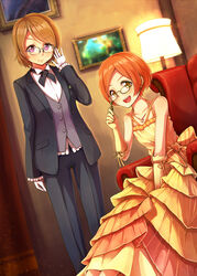  2girls :d adjusting_eyewear armchair between_legs brown_hair chair commentary_request dararito dress elbow_gloves formal glasses gloves hand_between_legs hand_on_eyewear hoshizora_rin jewelry koizumi_hanayo lamp layered_dress lorgnette love_live! love_live!_school_idol_project multiple_girls necklace open_mouth opera_glasses orange_hair pant_suit pants photoshop_(medium) picture_frame purple_eyes ribbon short_hair sitting smile suit white_gloves yellow_eyes yellow_gloves 