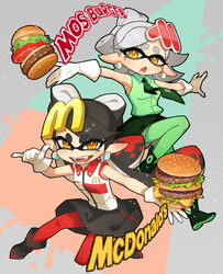  &gt;:d 2girls :d :o \m/ alternate_costume ankle_boots aori_(splatoon) black_hair boots domino_mask earrings employee_uniform eyebrows fangs fast_food_uniform food gloves green_legwear hair_bun hamburger hotaru_(splatoon) jewelry long_hair mask mcdonald&#039;s mole mole_under_eye mos_burger multiple_girls necktie nintendo open_mouth pantyhose pointy_ears polka_dot_background red_legwear saitou_naoki short_hair shorts_under_skirt silver_hair skirt sleeveless smile splatoon tentacle_hair thick_eyebrows uniform white_gloves yellow_eyes 