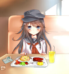  akatsuki_(kancolle) akausagi black_hair blue_eyes commentary_request cup drinking_straw female flag food food_art fork fried_rice hamburger_steak hat highres juice kantai_collection lettuce long_hair looking_at_viewer neckerchief o3o okosama_lunch pov_across_table pudding red_neckerchief salad school_uniform scowl serafuku solo spoon tako-san_wiener tomato tsurime upper_body 