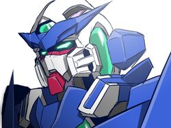  close-up commentary_request glowing glowing_eyes green_eyes gundam gundam_amazing_exia gundam_build_fighters mecha no_humans portrait robot solo xiphias_(mmi-m15e) 