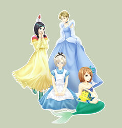  4girls alice_(alice_in_wonderland) alice_(alice_in_wonderland)_(cosplay) alice_in_wonderland animal ariel_(disney) ariel_(disney)_(cosplay) black_hair blonde_hair blue_dress blue_gloves boots choker cinderella cinderella_(disney) cinderella_(grimm) cinderella_(grimm)_(cosplay) commentary_request cosplay disney dress earrings elbow_gloves feather_hair_ornament feathers flounder_(the_little_mermaid) glasses gloves green_footwear grey_hair hair_ornament hands_on_lap highres holding holding_animal jewelry kneeling machiko@yariku_teikachuu mermaid_costume mina_carolina multiple_girls nanaba peter_pan_(disney) petra_ral rico_brzenska shingeki_no_kyojin the_little_mermaid tiger_lily_(peter_pan) yellow_dress 