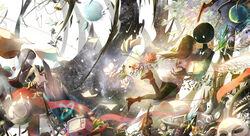  alice_(deemo) canine commentary crown cup deemo deemo_(character) dress drinking_glass female fish flower highres instrument mask notes paper_airplane photoshop_(medium) shoes sishenfan stuffed_toy sword violin weapon white_dress white_wings wine_glass wings 