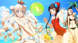  6+girls :3 ball beach beachball bikini black_bikini blonde_hair blue_eyes blunt_bangs blush breasts brown_hair character_request cleavage cloud cloudy_sky collarbone colombus_(eiyuu_senki) crown day double_bun eiyuu_senki galahad_(eiyuu_senki) game_cg gawain_(eiyuu_senki) gloves hair_bun hair_ornament hair_ribbon himiko_(eiyuu_senki) kamehameha_(eiyuu_senki) king_arthur_(eiyuu_senki) long_hair lu_bu_(eiyuu_senki) medium_breasts merlin_(eiyuu_senki) multiple_girls navel one-piece_swimsuit open_mouth outdoors oyari_ashito palm_tree polka_dot polka_dot_swimsuit red_one-piece_swimsuit ribbon sky small_breasts smile sun_tzu_(eiyuu_senki) sweatdrop swimsuit tree white_bikini white_gloves 