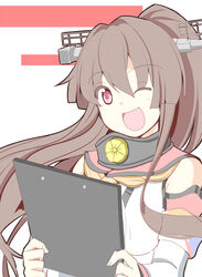  ;d alex_(alexandoria) breasts brown_hair clipboard collar commentary_request detached_sleeves female hair_between_eyes hair_ornament headgear highres kantai_collection large_breasts long_hair looking_at_viewer one_eye_closed open_mouth ponytail red_eyes sakuramon smile solo very_long_hair yamato_(kancolle) 