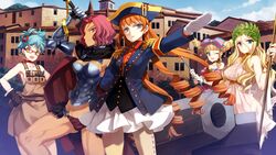  5girls apron armor bare_shoulders black_gloves blonde_hair blue_eyes blue_hair caesar_(eiyuu_senki) cape dress eiyuu_senki game_cg glasses gloves green_eyes hair_ornament hair_ribbon hannibal_(eiyuu_senki) hat holding holding_staff holding_weapon leonardo_da_vinci_(eiyuu_senki) long_hair looking_at_viewer military military_uniform multiple_girls naked_apron napoleon_bonaparte_(eiyuu_senki) nero_(eiyuu_senki) one_eye_closed open_mouth orange_hair oyari_ashito red_eyes red_hair ribbon short_hair skirt smile staff uniform weapon white_gloves 