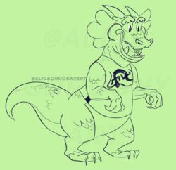  2018 3_fingers 3_toes alice_chrosny animal_crossing anthro biped bottomless cheek_tuft claws clothed clothing digital_drawing_(artwork) digital_media_(artwork) digitigrade drago_(animal_crossing) dragon facial_tuft featureless_crotch feet fingers green_and_white green_background happy hi_res horn long_tail male monochrome mythological_creature mythological_scalie mythology nintendo open_mouth open_smile overweight overweight_anthro overweight_male pupils scales scalie sharp_teeth shirt side_view simple_background slit_pupils smile snout solo tail tank_top teeth toe_claws toes toony topwear tuft 