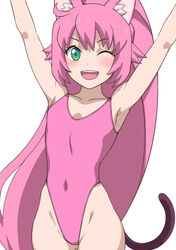  ;d animal_ears aqua_eyes arms_up bare_shoulders blush cat_ears cat_tail collarbone commentary_request covered_navel cowboy_shot female groin gundam gundam_build_divers hai_(h81908190) highleg highleg_leotard leotard looking_at_viewer momo_(gundam_build_divers) one_eye_closed open_mouth pink_hair pink_leotard simple_background smile solo tail teeth white_background yashiro_momoka 