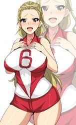  blonde_hair breasts brown_eyes commentary cowboy_shot female girls_und_panzer hair_pulled_back hairband hands_on_own_chest hifumi_hajime highres impossible_clothes large_breasts long_hair looking_at_viewer one-hour_drawing_challenge open_mouth red_shirt red_shorts sasaki_akebi shirt short_shorts shorts simple_background sleeveless sleeveless_shirt smile solo sportswear standing volleyball_uniform white_background white_hairband zoom_layer 