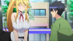  1boy animated animated black_hair blonde_hair blue_eyes breasts centaur centorea_shianus female kurusu_kimihito large_breasts long_hair monster_girl monster_musume_no_iru_nichijou ponytail standing 