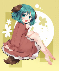  animal_ears bad_id bad_pixiv_id barefoot brown_dress dress female green_eyes green_hair kasodani_kyouko long_sleeves oerba_yun_fang open_mouth smile solo tail touhou uguisu_mochi_(ykss35) 