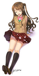  :d arm_support bad_id bad_pixiv_id black_socks bow bowtie briska brown_footwear brown_hair brown_jacket closed_eyes female flower full_body idolmaster idolmaster_cinderella_girls jacket kneehighs leaning_back loafers long_hair long_sleeves miniskirt one_side_up open_mouth photoshop_(medium) pink_bow pink_bowtie pink_flower pleated_skirt red_skirt school_uniform shimamura_uzuki shoe_soles shoes simple_background sitting skirt smile socks solo very_long_hair white_background 