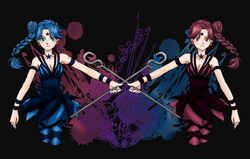  2girls armband bishoujo_senshi_sailor_moon bishoujo_senshi_sailor_moon_s blue_eyes blue_hair braid breasts cleavage commentary_request cyprine_(sailor_moon) dress earrings facial_mark forehead_mark hair_bun jewelry kumoko long_hair medium_breasts multiple_girls pantyhose ptilol_(sailor_moon) red_eyes red_hair short_dress siblings side_braid single_braid single_hair_bun single_side_bun sisters staff star_(symbol) symmetry witches_5 wristband 