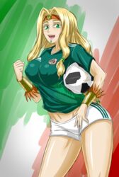  2018_fifa_world_cup armband ball blonde_hair breasts chin_piercing commentary fate/grand_order fate_(series) female green_eyes headband holding jewelry large_breasts long_hair looking_at_viewer mexican_flag mexico navel open_mouth quetzalcoatl_(fate) sidelocks smile soccer soccer_ball soccer_uniform solo sportswear standing telstar_18 very_long_hair world_cup zantyarz 