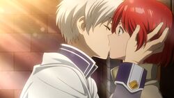  1boy akagami_no_shirayukihime couple female grey_hair highres kissing red_hair shirayuki_(akagami_no_shirayukihime) surprised zen_wistalia 