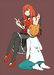  1boy animal_ears bad_id bad_pixiv_id collar female femdom fuyu_(fuyunomi) green_eyes hayami_hiro high_heels highres holding holding_leash leash leash_pull long_hair orange_hair pantyhose pretty_rhythm pretty_rhythm_rainbow_live pretty_series red_hair renjouji_beru short_hair straight 