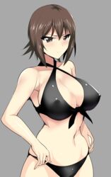  adjusting_clothes adjusting_swimsuit belly_grab bikini blush breasts brown_eyes brown_hair cleavage closed_mouth commentary covered_nipples criss-cross_halter female front-tie_bikini_top front-tie_top girls_und_panzer grey_background halterneck hifumi_hajime highres large_breasts light_frown looking_to_the_side navel nishizumi_maho short_hair simple_background solo standing swimsuit upper_body 