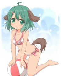  ahoge animal_ears arm_support ball beachball bikini blue_background blush breasts cleavage collarbone commentary_request female frilled_bikini frills gradient_background green_eyes green_hair hair_between_eyes hair_ornament hairclip highres kasodani_kyouko kneeling leaning_forward leaning_on_object looking_at_viewer navel on_ground paw_print shino_megumi short_hair side-tie_bikini_bottom small_breasts smile solo swimsuit tail touhou 