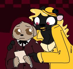  :| alternate_species anthro bear big_breasts black_body black_fur blonde_hair blush bodily_fluids breasts brown_body brown_eyes brown_fur cleavage clipboard clothed clothing duo eye_contact female five_nights_at_freddy&#039;s five_nights_at_freddy&#039;s_2 five_nights_at_freddy&#039;s_4 fur furrification gesture hair hand_gesture hand_on_shoulder hat headgear headwear holding_clipboard holding_object lipstick long_hair looking_at_another makeup male mammal nervous nightmare_(fnaf) nisha_marigold peanut_(roommates) pointing red_eyes roommates:motha rule_63 scottgames size_difference smile suit sweat the_weaver toy_freddy_(fnaf) 