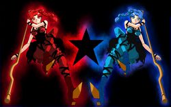  2girls armband bad_id bad_pixiv_id bishoujo_senshi_sailor_moon bishoujo_senshi_sailor_moon_s blue_eyes blue_hair braid cyprine_(sailor_moon) dress earrings hair_bun highres jewelry long_hair multiple_girls pantyhose ptilol_(sailor_moon) red_eyes red_hair short_dress siblings side_braid single_braid single_hair_bun single_side_bun sisters staff star_(symbol) witches_5 wristband yue_(milotic_cresselia) 