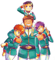  4boys amuro_ray black_hair boots brown_hair gundam hayato_kobayashi kai_shiden military_uniform mobile_suit_gundam multiple_boys piggyback purple_hair ryu_jose salute simple_background uniform v 