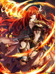  absurdres armor armored_boots boots braid breasts cape cleavage closed_mouth commentary_request company_name feathers female fire gauntlets hair_ornament haruko_(haruhello) highres holding holding_sword holding_weapon long_hair medium_breasts official_art outdoors photoshop_(medium) red_eyes red_hair shingoku_no_valhalla_gate solo sword very_long_hair watermark weapon 