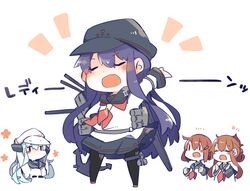  4girls akatsuki_(kancolle) arms_up blush brown_hair chibi closed_eyes commentary_request hat hibiki_(kancolle) ichininmae_no_lady ikazuchi_(kancolle) inazuma_(kancolle) kantai_collection long_hair multiple_girls open_mouth pantyhose pekeko_(pepekekeko) purple_hair remodel_(kantai_collection) simple_background skirt translated verniy_(kancolle) very_long_hair white_background 