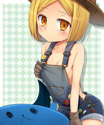  babe_(fate) badge blonde_hair button_badge checkered_background commentary_request fate/grand_order fate_(series) female gloves hat looking_at_viewer marimo_danshaku md5_mismatch naked_overalls no_legwear overalls parted_bangs paul_bunyan_(fate) paul_bunyan_(third_ascension)_(fate) short_hair solo yellow_eyes 