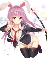  :3 animal_ears ashu black_thighhighs blazer bottomless breasts commentary_request downblouse extra_ears female highres jacket katana large_breasts long_hair long_sleeves looking_at_viewer loose_necktie necktie no_bra no_panties open_clothes open_shirt panties purple_hair rabbit_ears rabbit_girl rabbit_tail red_eyes reisen_udongein_inaba shirt solo sparkle striped_clothes striped_panties sword tail thighhighs touhou underwear very_long_hair weapon 