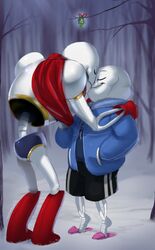  animated_skeleton atlas-white bone closed_eyes clothing digital_media_(artwork) duo forest incest_(lore) kissing kissing_bough male male/male mistletoe not_furry papyrus_(undertale) plant sans_(undertale) skeleton snow tree undead undertale undertale_(series) 