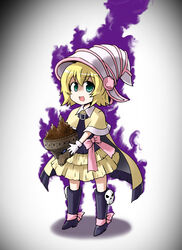  :d aura blonde_hair cape chibi commentary_request darkness duel_monster female gagaga_sister gameplay_mechanics gloves green_eyes hat kousei_(public_planet) number_33_chronomaly_machu_mech open_mouth photoshop_(medium) skirt skull smile white_gloves yu-gi-oh! 