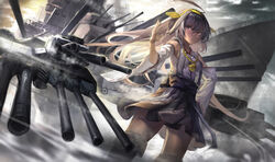  ahoge battleship boots brown_eyes brown_hair commentary detached_sleeves female ghostas hand_on_own_hip headgear highres historical_name_connection kantai_collection kongou_(battleship) kongou_(kancolle) long_hair military military_vehicle name_connection nontraditional_miko object_namesake photoshop_(medium) ship skirt smoke solo standing thigh_boots thighhighs vehicle_and_personification warship watercraft 