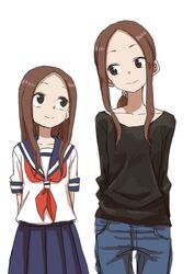  2girls absurdres age_comparison aged_up alternate_hairstyle alternate_height arms_behind_back black_shirt brown_eyes brown_hair collarbone commentary_request cowboy_shot dress dual_persona forehead hair_ornament hair_scrunchie highres karakai_jouzu_no_(moto)_takagi-san karakai_jouzu_no_takagi-san long_hair long_neck multiple_girls pants ponytail sailor_collar school_uniform scrunchie serafuku shirt skirt smile takagi-san time_paradox white_background yamamoto_souichirou 