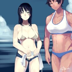  2girls ;d bad_id bad_pixiv_id black_hair blush breasts brown_eyes cleavage commentary_request dark-skinned_female dark_skin denim denim_shorts gbmah green_eyes grin groin highres large_breasts long_hair looking_at_viewer multiple_girls muscular muscular_female navel obliques ocean one_eye_closed open_mouth original shorts signature smile squeezing tan wet 