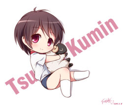  black_hair buruma character_name chibi chuunibyou_demo_koi_ga_shitai! commentary female gym_uniform langbazi lying on_side photoshop_(medium) red_eyes sheep short_hair tsuyuri_kumin 