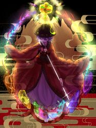  bandages barefoot blood chinese_commentary commentary_request crystal female full_body highres holding holding_needle japanese_clothes kimono ko_kita long_sleeves looking_at_viewer miracle_mallet needle obi object_on_head purple_eyes purple_hair sash short_hair solo sukuna_shinmyoumaru touhou wide_sleeves 