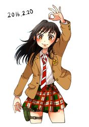  black_hair blazer brown_eyes commentary_request coppelion countdown cowboy_shot dated female holster ikarimame jacket light_smile long_hair looking_at_viewer miniskirt naruse_ibara necktie ok_sign plaid plaid_skirt pleated_skirt school_uniform skirt solo striped striped_necktie thigh_holster white_background 