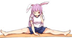  animal_ears bad_id bad_twitter_id bare_legs barefoot between_legs blue_shorts blunt_bangs breasts eyebrows female full_body hand_between_legs hand_in_own_hair large_breasts legs_apart long_hair maremay0513 one_eye_closed pink_hair rabbit_ears red_eyes reisen_udongein_inaba shirt short_sleeves shorts signature simple_background sleepy solo split spread_legs touhou very_long_hair white_background white_shirt 