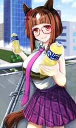  absurdres animal_ears bottle brand_name_imitation breasts brown_hair building city collared_shirt commentary_request cowboy_shot female glasses grin headphones headphones_around_neck highres holding holding_bottle horse_ears horse_girl horse_tail incoming_drink large_breasts looking_at_viewer miniskirt necktie outdoors plaid_clothes plaid_skirt pleated_skirt pocari_sweat purple_necktie purple_skirt red-framed_eyewear red_eyes shirt short_hair skirt skyscraper smile solo tail transcend_(umamusume) umamusume uttie_007 white_shirt 