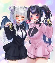  2girls absurdres ahera_ohoko black_bow black_bowtie black_dress black_hair black_nails black_ribbon blush bow bowtie breasts brown_eyes buttons can character_request commission double_bun dress drunk frills grey_hair grey_nails hair_bun hair_ribbon hairbow highres holding holding_can holding_hands indie_virtual_youtuber interlocked_fingers long_hair long_sleeves multicolored_hair multiple_girls open_mouth pink_bow pink_bowtie pink_dress pink_ribbon purple_bow purple_eyes purple_hair purple_nails purple_ribbon ribbon side_ponytail skeb_commission streaked_hair toketa_neko two-tone_nails virtual_youtuber wings yuzuriha_yuyu 