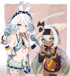  2girls ahoge alternate_costume animal_skull bare_shoulders black_gloves black_headband black_sleeves black_thighhighs blue_eyes blue_hair blue_hairband blue_nails blue_pupils blush commentary_request cosplay cowboy_shot crop_top crossed_out dark-skinned_female dark_skin detached_sleeves drop-shaped_pupils earrings english_text fingerless_gloves fingernails furina_(genshin_impact) genshin_impact gloves gradient_hair green_eyes green_hair hair_between_eyes hairband hands_up headband heterochromia highres holding holding_instrument holding_maracas iansan_(genshin_impact) iansan_(genshin_impact)_(cosplay) instrument jacket jewelry light_blue_hair light_blush long_sleeves looking_at_viewer low_twintails maracas medium_hair mockingeu mualani_(genshin_impact) mualani_(genshin_impact)_(cosplay) multicolored_hair multiple_girls nahida_(genshin_impact) nail_polish navel open_mouth orange_jacket pointy_ears puffy_long_sleeves puffy_sleeves scribble single_thighhigh skirt smile star-shaped_pupils star_(symbol) stomach streaked_hair symbol-shaped_pupils thighhighs twintails two-tone_gloves white_gloves white_hair 