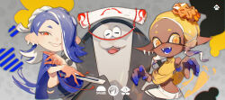  1boy 2girls :d absurdres big_man_(splatoon) black_pants blonde_hair blue_hair blue_shawl blue_tongue chest_sarashi chromatic_aberration colored_eyelashes colored_tongue commentary_request crop_top dark-skinned_female dark_skin earrings fangs fingernails folded_fan folding_fan frye_(splatoon) gradient_hair grin hair_ornament hair_over_one_eye hairband hand_fan highres holding holding_fan inkling jewelry long_hair long_pointy_ears looking_at_viewer manta_ray medium_hair midriff multicolored_hair multiple_earrings multiple_girls navel octoling one_eye_covered open_mouth orange_pupils pants pointy_ears red_eyes sarashi sharp_fingernails shawl shirt shiver_(splatoon) smile splatoon_(series) splatoon_3 star-shaped_pupils star_(symbol) suction_cups symbol-shaped_pupils tentacle_hair tooth_earrings towo_nita two-tone_hair white_hairband x_hair_ornament yellow_eyes yellow_shawl yellow_shirt 