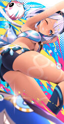  absurdres aqua_headband ass bare_shoulders blue_hairband blush braid breasts female genshin_impact hairband hawaiian_clothes highres long_hair looking_at_viewer looking_down low_twin_braids mualani_(genshin_impact) one_eye_closed open_mouth red_eyes smile solo surfing tan tanlines tetori_(tetolisto) thighs twin_braids underboob white_hair 