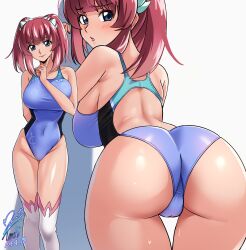  absurdres agnes_giebenrath ass blue_eyes blue_one-piece_swimsuit breasts commission competition_swimsuit cowboy_shot dated feet_out_of_frame female gundam gundam_seed gundam_seed_freedom highres large_breasts long_hair looking_at_viewer multiple_views one-piece_swimsuit pixiv_commission red_hair shadow signature swimsuit thighhighs twintails white_background white_thighhighs yoo_tenchi 