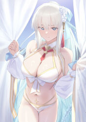  absurdres bare_shoulders bikini blue_eyes braid breasts cleavage commentary_request curtain_grab curtains detached_sleeves fate/grand_order fate_(series) female flower gold_trim hair_flower hair_ornament hair_ribbon highres large_breasts long_hair long_sleeves looking_at_viewer morgan_le_fay_(fate) morgan_le_fay_(water_princess)_(fate) navel okuma707 ponytail puffy_long_sleeves puffy_sleeves red_brooch revision ribbon sidelocks smile solo swimsuit thighs twin_braids white_bikini white_hair 